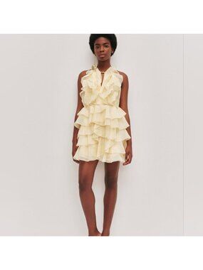 casabianca braided asymmetric puff sleeve mini dress Aje - Casablanca Braided Asymmetrical Mini Pink (Size 4/16) – Goldie's main image 1
